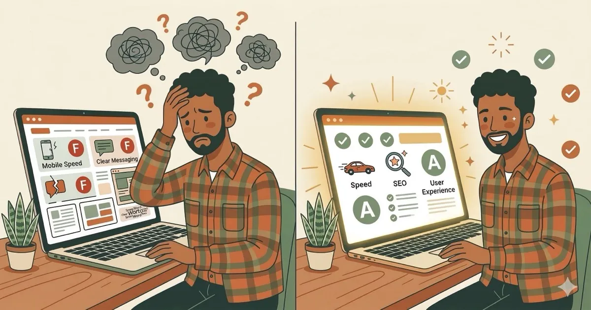 Before and after illustration: a frustrated business owner with a failing website report card transforms into a happy owner with top scores in speed, SEO, and user experience